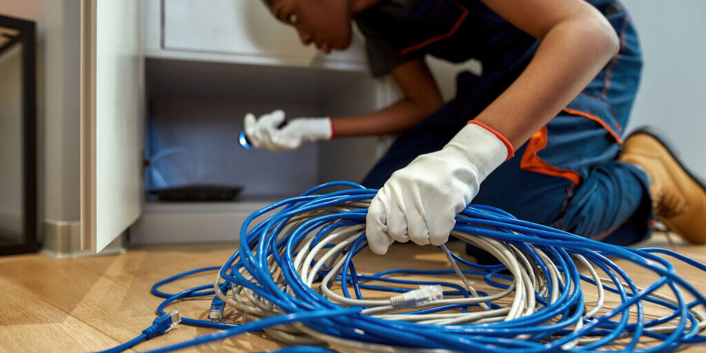 Closeup blue and white cables in female hand. African woman on floor holding cables and lighting on router in cabinet. Network service worker. Selective focus.
